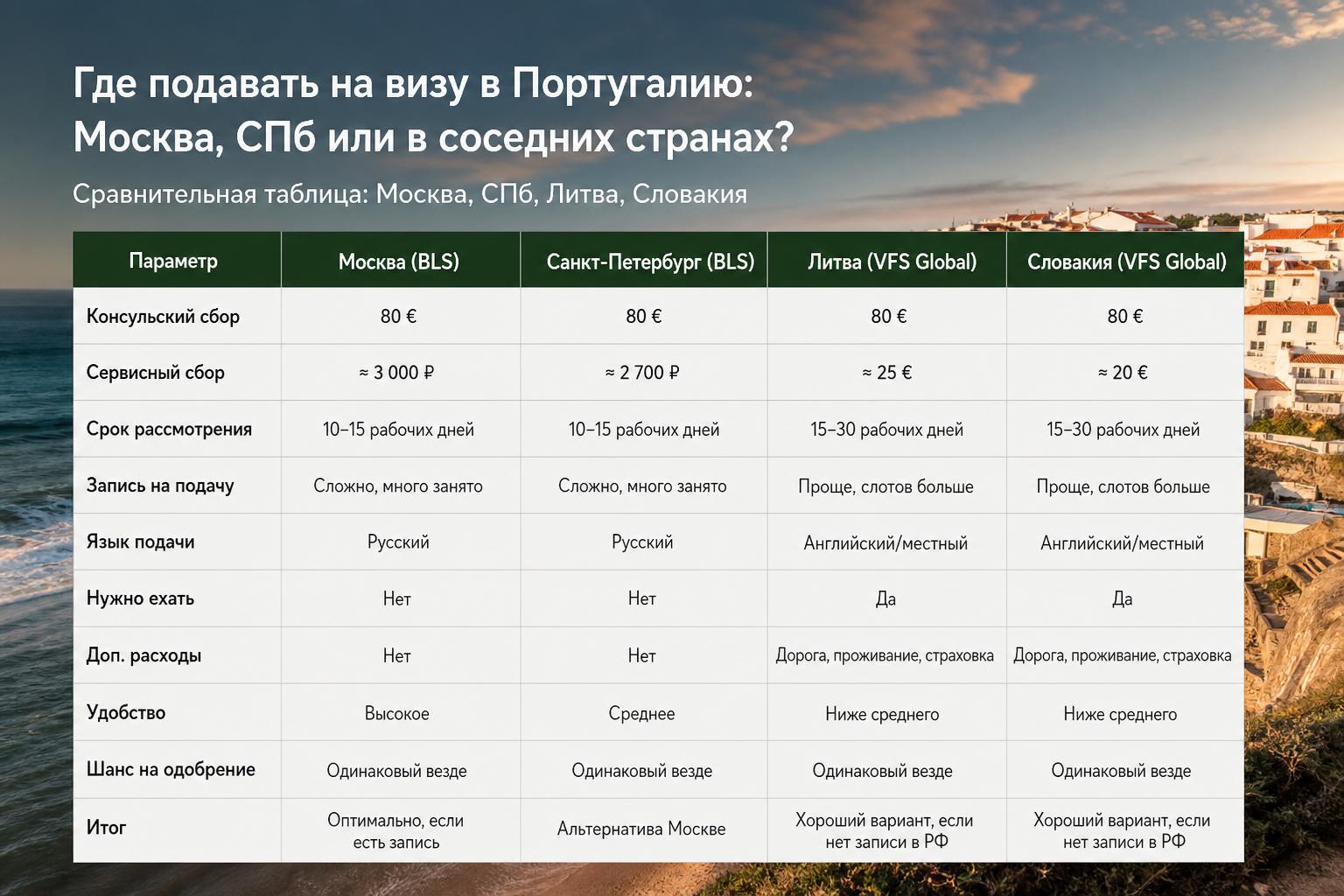 Где подавать на визу в Португалию: в Москве, СПб или в соседних странах?. Сравнительная таблица: Москва, СПб, Литва, Словакия Где подавать на визу в Португалию: в Москве, СПб или в соседних странах?. Сравнительная таблица: Москва, СПб, Литва, Словакия