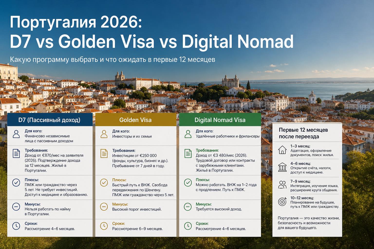 ВНЖ Португалии D7 vs Golden Visa vs Digital Nomad — какую программу выбрать в 2026?. Что ожидать в первые 12 месяцев после переезда