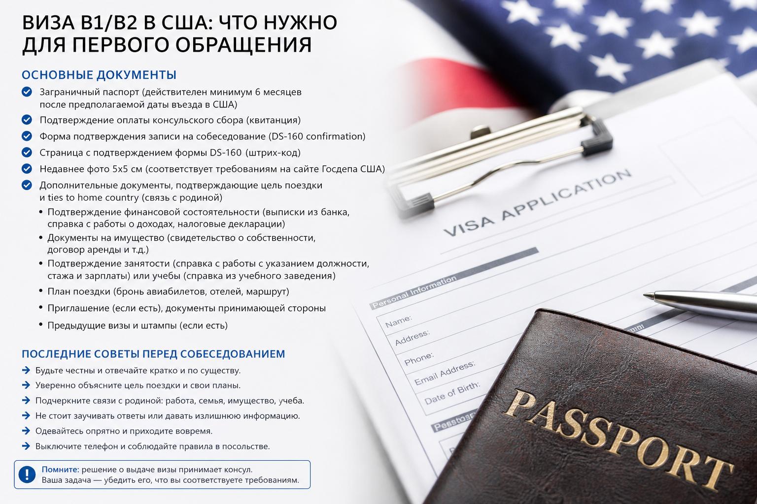 Какие документы нужны для туристической визы B1/B2 в США, если ты впервые подаёшь?. Последние советы перед собеседованием Какие документы нужны для туристической визы B1/B2 в США, если ты впервые подаёшь?. Последние советы перед собеседованием