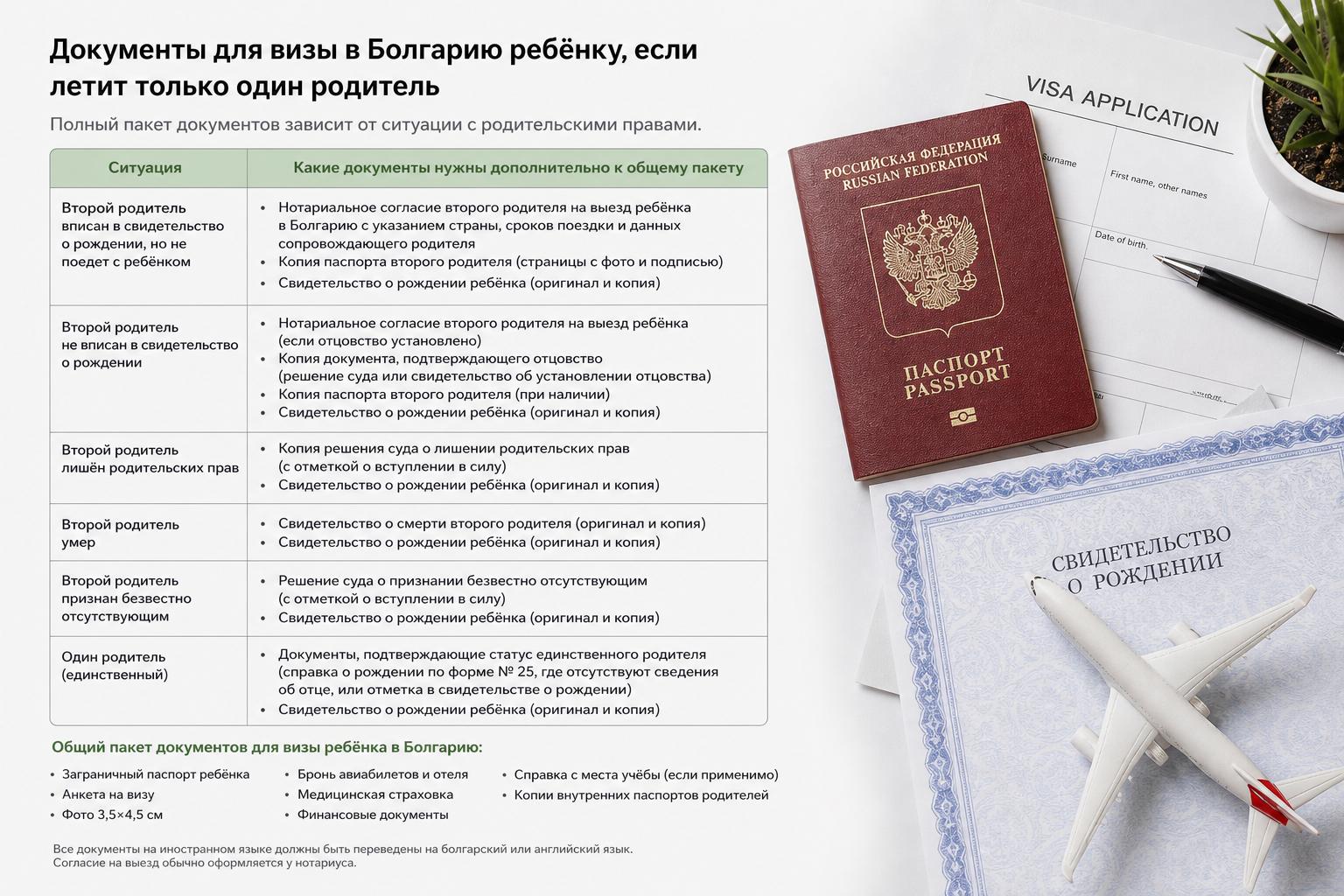Как оформить визу в Болгарию ребёнку, если летит только один родитель — какие документы нужны?. Таблица: документы в зависимости от ситуации с родительскими правами