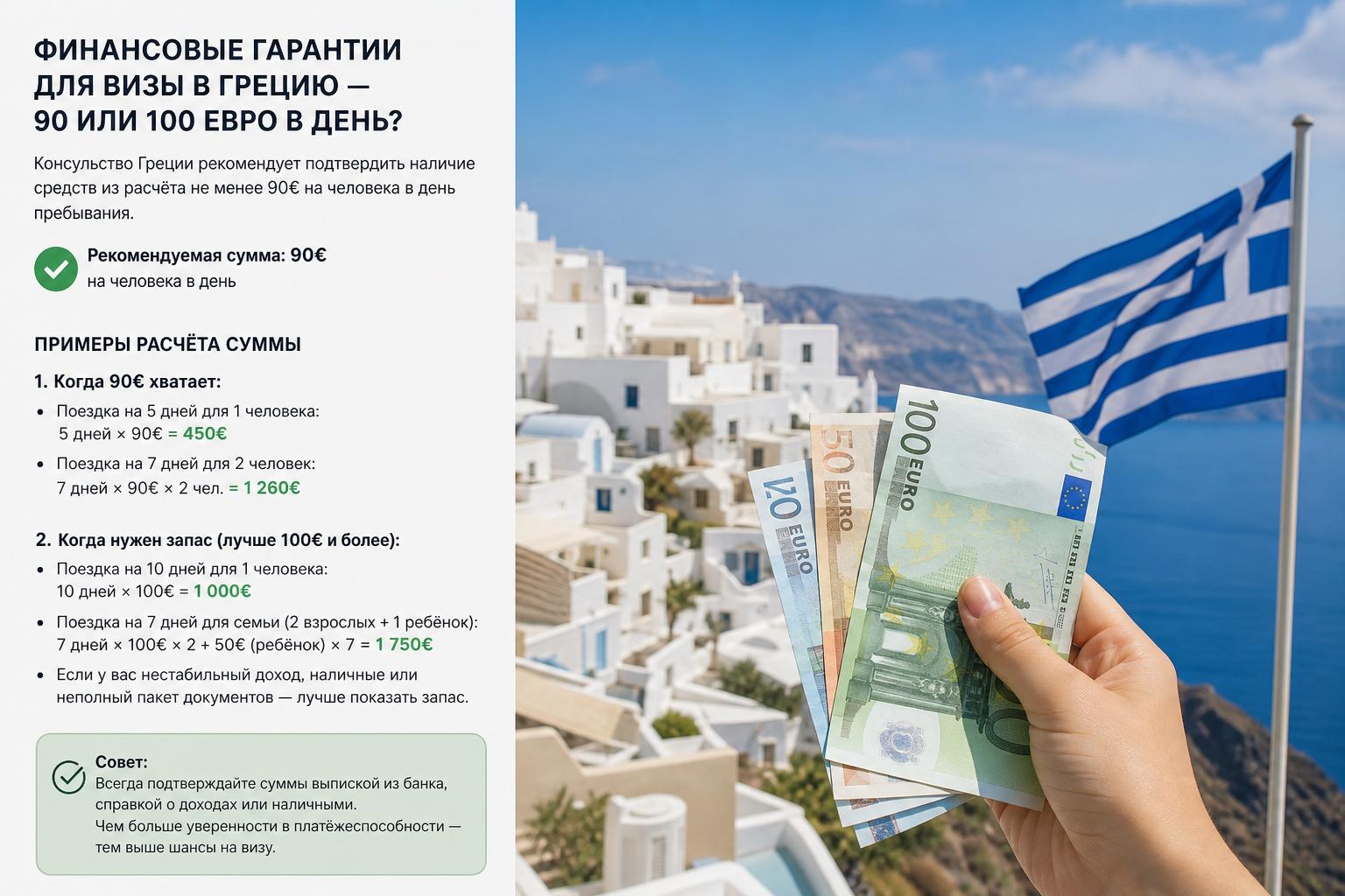 Какие финансовые гарантии нужны для визы в Грецию — 90 или 100 евро в день?. Примеры расчёта суммы: когда 90 евро хватает, а когда нужен запас