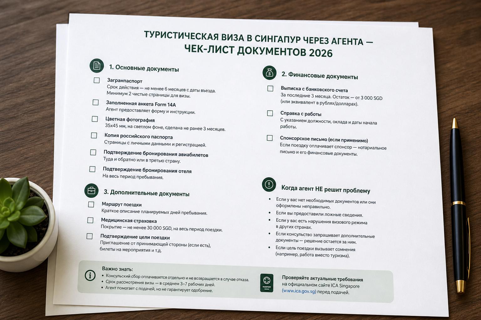 Какие документы нужны для туристической визы в Сингапур через агента — чек-лист 2026. Когда агент не решит проблему