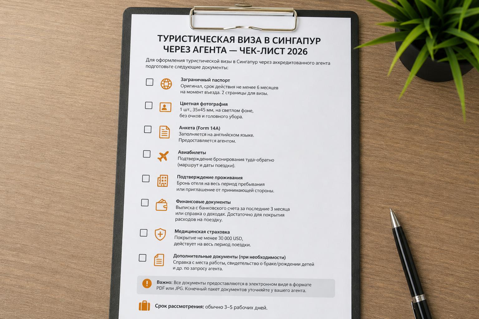 Какие документы нужны для туристической визы в Сингапур через агента — чек-лист 2026