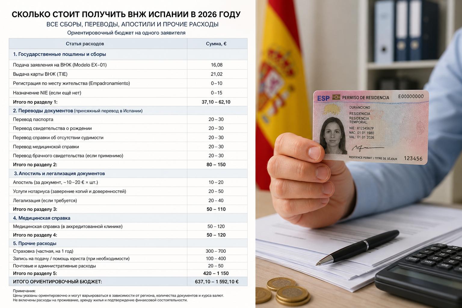 Сколько стоит получить ВНЖ Испании в 2026 — все сборы, переводы, апостили. Таблица ориентировочных расходов — сводный бюджет Сколько стоит получить ВНЖ Испании в 2026 — все сборы, переводы, апостили. Таблица ориентировочных расходов — сводный бюджет