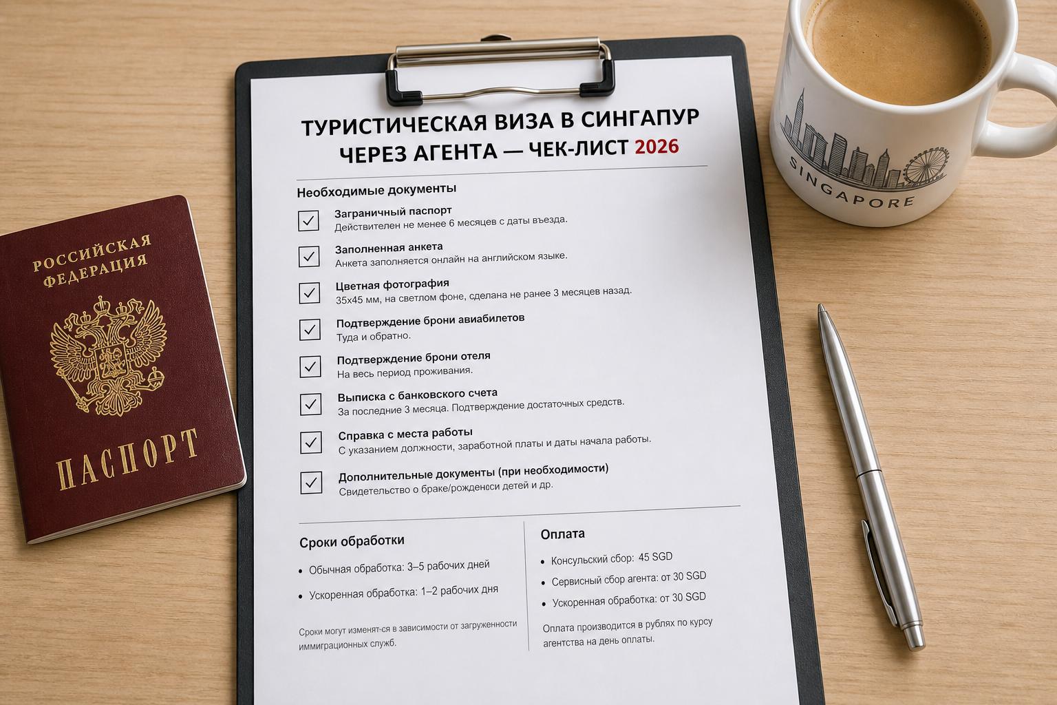 Какие документы нужны для туристической визы в Сингапур через агента — чек-лист 2026. Сроки обработки и оплата
