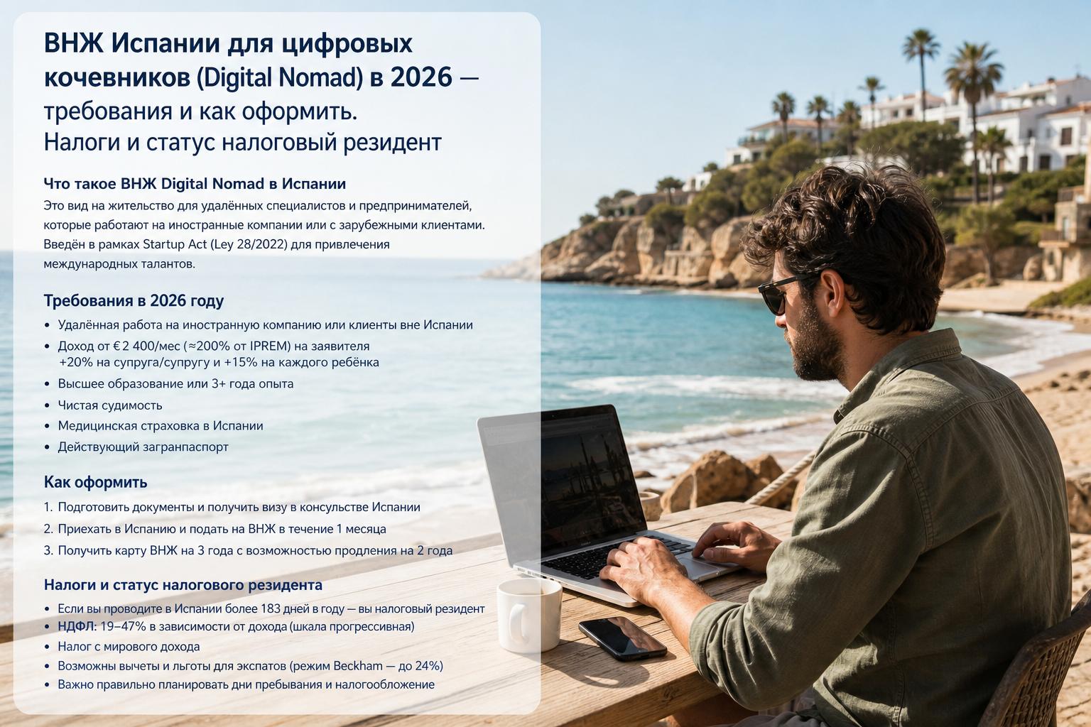 ВНЖ Испании для цифровых кочевников (Digital Nomad) в 2026 — требования и как оформить. Налоги и статус налоговый резидент